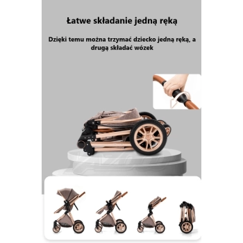 Wózek dziecięcy 3w1 w kolorze cappuccino złożony jedną ręką, widok złożonego wózka oraz instrukcja składania w kilku krokach, polska marka Cichoszki